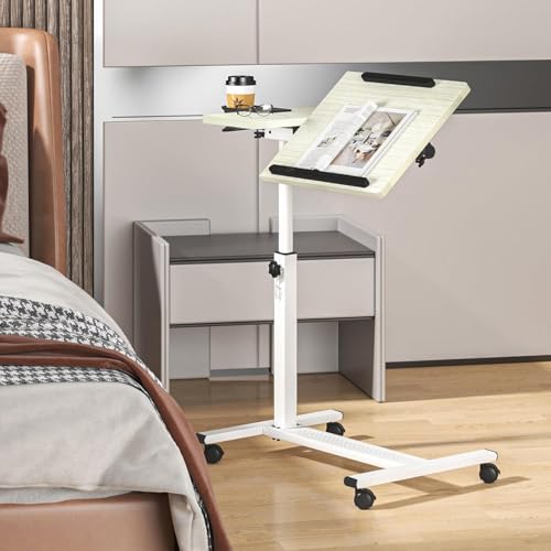 Panta Rolling Laptop Stand, Adjustable, Maple | Dual tilting desktops, cup holder, mobile overbed table, for couch/office/home/hospital - color: Maple
