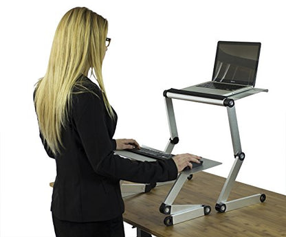WorkEZ Standing Desk Conversion Kit with 2 fans & 3 usb ports. Perfect Laptop Sit to Stand Converter Ergonomic Adjustable Height & Angle Negative Tilt - color: Silver+usb Fan Hub