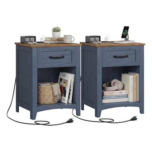 VASAGLE LIRY Collection - Farmhouse Nightstands with Charging Station, Set of 2 Bedside Tables, Side Tables with Drawer, Open Compartment, for Bedroom, Rustic Blue and Honey Brown LET659Q101S-2J - color: Rustic Blue and Honey Brown, size: 2 PACK, style: 1