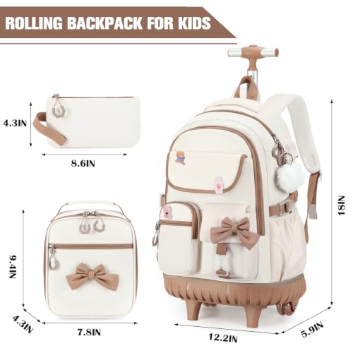 ACESAK Rolling Backpack for Girls - Roller Wheels School bag with Lunch Bag & Pencil Pouch for Teen Girls Kids Wheeled Suitcase Backpacks, Elementary Middle School Travel Daypack(Beige Khaki) - color: Beige Khaki