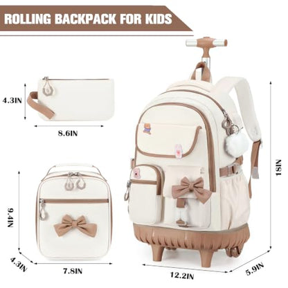 ACESAK Rolling Backpack for Girls - Roller Wheels School bag with Lunch Bag & Pencil Pouch for Teen Girls Kids Wheeled Suitcase Backpacks, Elementary Middle School Travel Daypack(Beige Khaki) - color: Beige Khaki