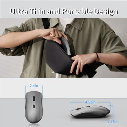 Slim Silent 2.4G Wireless Optical Mouse, Grey | Compatible MacBook, Chromebook, Laptop, PC; Quiet Click, 2400 DPI, Mini USB Receiver, Travel Portable Design - color: Grey