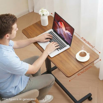 Careboda Overbed Table with Wheels Pneumatic Height Adjustable-Brown | Rolling Bedside Table for Home Hospital&Office