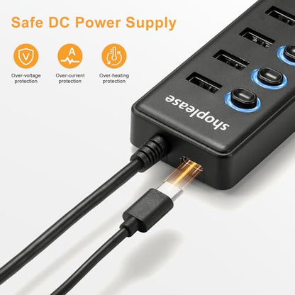 USB 3.0 SuperSpeed Hub with 1M Line, 7 Ports Splitter with Individual Power Switches and LED Light