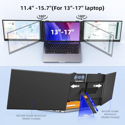 Triple Screen Laptop Extender - 14" Portable Monitor, Ultra-Thin FHD 1080P Travel Display | Plug & Play via USB-C/HDMI for Mac & Windows Laptops (13-17 inch), Lightweight 2.2lb Aluminum Design