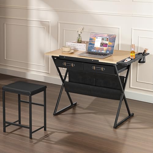 VECELO Drafting Table Art Desk Art Table Adjustable Drawing Table Tilted Tabletop with 2 Storage Drawers and Stool, Drawing Desk for Artist Painters Drawing, Crafting, Reading, Writing, Natural - color: Natural