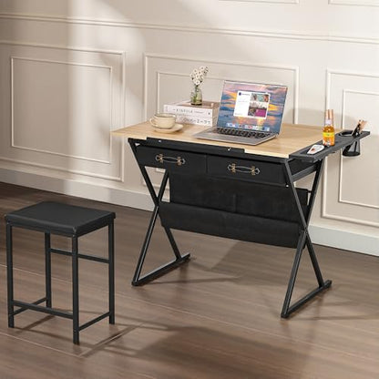 VECELO Drafting Table Art Desk Art Table Adjustable Drawing Table Tilted Tabletop with 2 Storage Drawers and Stool, Drawing Desk for Artist Painters Drawing, Crafting, Reading, Writing, Natural - color: Natural
