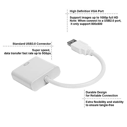 Zopsc USB3.0 to VGA Converter 5Gbps HD 1080P Adapter Cable 15Pin Female, Supports Multi Display Solutions, No External Power Supply, for PC laptops, Desktops, Monitors. (White) - color: White