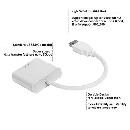 Zopsc USB3.0 to VGA Converter 5Gbps HD 1080P Adapter Cable 15Pin Female, Supports Multi Display Solutions, No External Power Supply, for PC laptops, Desktops, Monitors. (White) - color: White