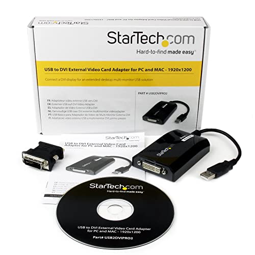 StarTech USB-A 2.0 to DVI Adapter, 1920 x 1200, USB powered (USB2DVIPRO2) | USB to DVI external video and graphics card, Dual monitor display cable, Mac and Windows