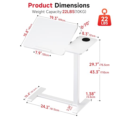 Okin Overbed Bedside Table with Wheels, Adjustable Medical Tilt Top Hospital Bed Table Over The Bed, Rolling Desk Mobile Standing Desk for Hospital Home Use (White) - color: White