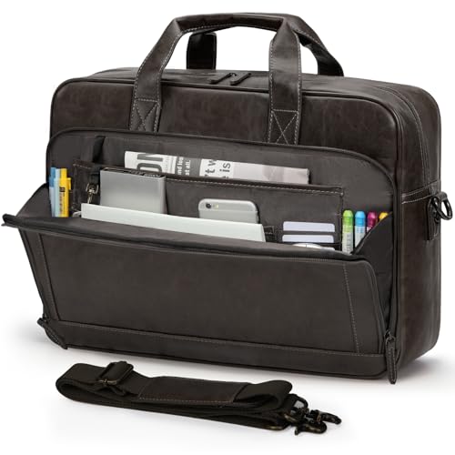 RAINSMORE Mens Laptop Bag 16 Inch Leather Briefcase Vintage Messenger Bag for Men Large Crossbody Shoulder Office Computer Bag Retro College Satchel for Work, Business,Travel, Coffee - color: Coffee