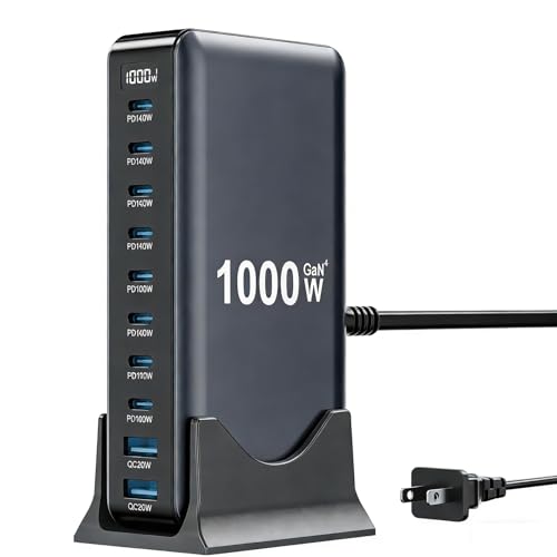 USB C Charger 1000W USB C Charger Block,Upgraded GaN IV 10-Port Charging Station Hub,Travel Essentials 140W Fast Charging Laptop Adapter for MacBook Pro/Air,DELL,Steam Deck,iPhone 17/16,Galaxy S25/24 - color: Black