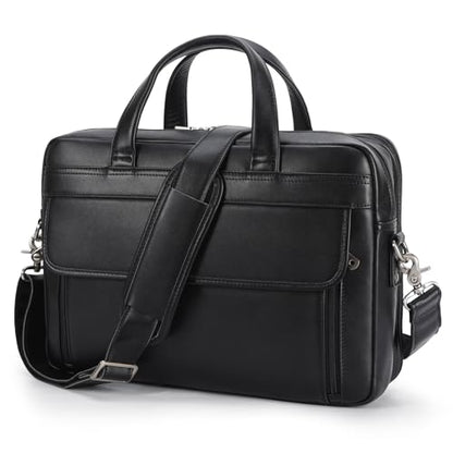 Masa Kawa Leather Briefcase for Men 15.6", 17" Laptop Computer Case Business Travel Work Messenger Cross Body Shoulder Bag - color: Black-fits 15.6" Laptop