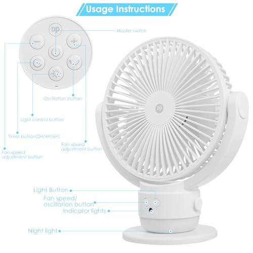 OGZ Portable Fan for Travel Wireless with Remote Timer, 7 Inch Small Desk Fan with LED Night Light 90° Oscillation, Rechargeable USB Fan for Cruise Bed Beside Sleeping Camping Tent - color: White