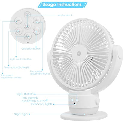OGZ Portable Fan for Travel Wireless with Remote Timer, 7 Inch Small Desk Fan with LED Night Light 90° Oscillation, Rechargeable USB Fan for Cruise Bed Beside Sleeping Camping Tent - color: White