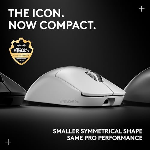 Logitech Pro X Superlight 2c Wireless Gaming Mouse 51g Compact - White | Compact mini size, symmetrical shape, <8 kHz polling, 44K DPI, PowerPlay charging, USB-C, 5 buttons, PC/Mac - color: White, size: Compact, style: Mouse