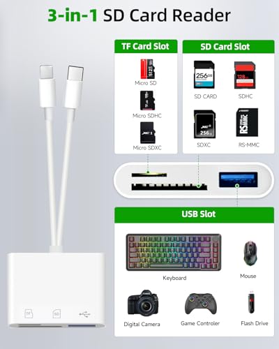 PIYILO SD Card Read for iPhone, USB C Micro SD Card Adapter, Memory Card Reader for Digital Camera, TF Card Trail Camera Viewer, Compatible with iPhone16, MacBook, Laptop, PC, Android