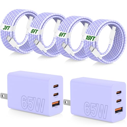 65W Super Fast Charging USB C for iPhone 17 16 Pro Max,3 Port 100W USB C Charger Block & 3/6/6/10FT Braided Type C Cord for iPhone 17 16 Pro,iPhone 15 Pro Max,for Samsung S26 Ultra/MacBook Air-Purple - color: Purple, size: 10FT+6FT+6FT+3FT