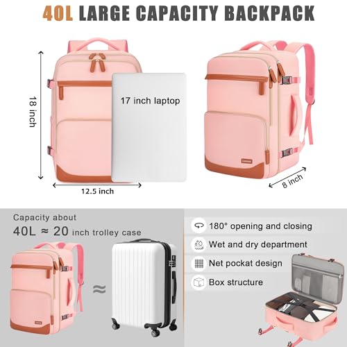 40L Travel Backpack, Flight Approved Carry On Laptop Backpack | Water-resistant, Personal Item Travel Bag, Fits 15.6/17.3 inch Laptop, Hiking, Camping, Business, Commute, Men & Women - color: Pink, size: Large