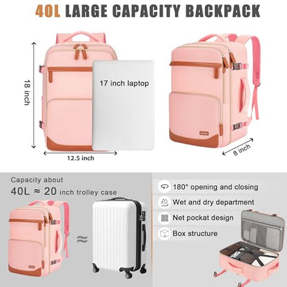 40L Travel Backpack, Flight Approved Carry On Laptop Backpack | Water-resistant, Personal Item Travel Bag, Fits 15.6/17.3 inch Laptop, Hiking, Camping, Business, Commute, Men & Women - color: Pink, size: Large