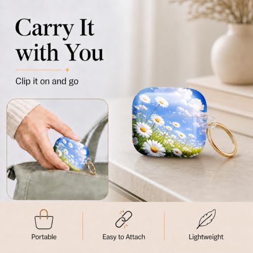 Compatible with AirPod 4 Case 2024, Cute Hard Plastic Protective Cover for Airpod 4th Generation Women, Shockproof Shell Skin with Gold Ring Keychain,Daisy Field Sky Clouds Green - color: Daisy Field Sky Clouds Green