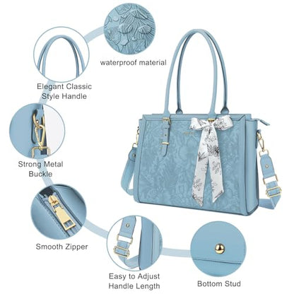 MOSISO Laptop Bag for Women, 15.6-16 inch PU Leather Tote Bag | Compatible with MacBook, HP,Dell,Asus, Front Embossed Retro Hibiscus Computer Bags with Silk Scarf&Clutch Purse, Air Blue - color: Air Blue, size: 16 inch