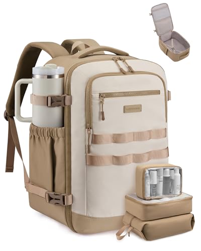 LOVEVOOK 40L Travel Backpack for Women & Men, TSA Approved Carry On Backpack with 3 Packing Cubes, Waterproof Personal Item Bag Fits 17 Inch Laptop, Weekender Essentials Overnight Backpack for Trip - color: Khaki & White, size: 40L-4PCS