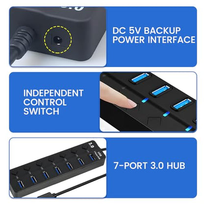 7-Port USB 3.0 Hub with Individual On/Off Switches, 5Gbps Data Transfer USB Splitter for Laptop, PC, Desktop, MacBook, Keyboard, Mouse, Flash Drive, Printer