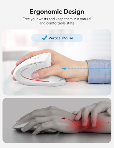 TECKNET Ergonomic Mouse, Rechargeable 2.4G+Bluetooth Vertical Mice 6 DPI Adjustable, Wireless Optical Carpal Tunnel Mouse Right Hand, Multi Device for Laptop, PC, Computer, MacBook, iPad - White - color: White