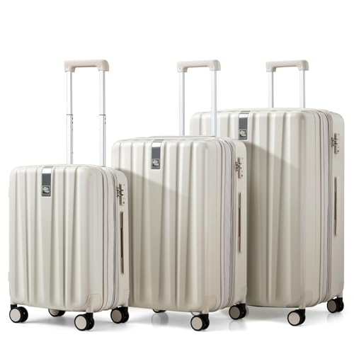 Hanke Expandable Hardshell Luggage Sets 3 piece Carry on Luggage with Wheels Suitcases Lightweight Checked Travel Luggage Rolling Large Suitcase Travel Luggage Bag Woman Men 20/24/29 Inch(Ivory White) - color: Ivory White, size: Expandable 3 Piece Set（20/