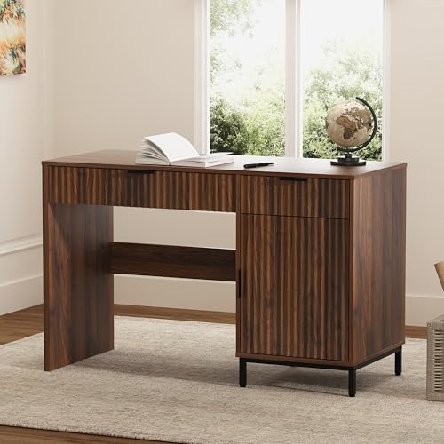 47" Fluted Executive Desk, Modern Wood Home Office Desk with Charging Station, Drawer & Cabinet, Computer Writing Desk for Work Study, Brown - color: Brown