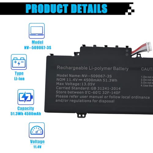 NV-509067-3S Laptop Battery Replacement for Gateway GWTN141-10BK GWTN141-10BL GWTN141-10GR GWTN141-4 Gwtn141-4BL GWTN141-4BK GWTN156-5BL GWTN141-2BL 5376275P UTL-509068-3S 11.4V 51.3Wh - size: 9.25*5.32*0.23 inch NV-509067-3S