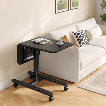 Homkdom C Shaped Table with Wheels, Side End Table with Extended Desktop, Adjustable Rolling Desk for Small Space, Dorm, Height Adjustment (29.5"-44"), Black - color: Black