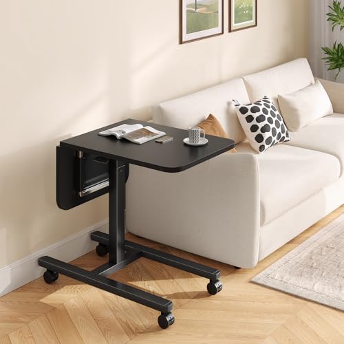 Homkdom C Shaped Table with Wheels for Couch or Sofa, Black | Extended Desktop, for Eating on Couch, Bed, or Recliner, Height Adjustable Laptop Desk - color: Black