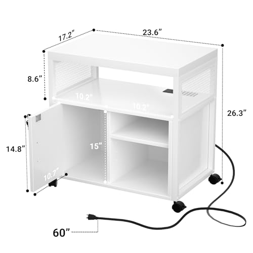 Unikito Rolling File Cabinet Lateral Office Filing Cabinets with Socket and USB Charging Port, Modern Printer Stand on Wheels, Printer Cabinet with Door and Open Storage, Lockable, White - color: White