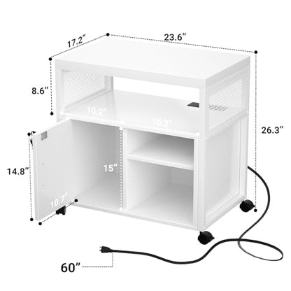 Unikito Rolling File Cabinet Lateral Office Filing Cabinets with Socket and USB Charging Port, Modern Printer Stand on Wheels, Printer Cabinet with Door and Open Storage, Lockable, White - color: White