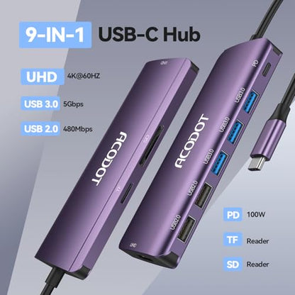 USB C Hub, 9-in-1 Multi-Port USB Adapter, 4K@60Hz HDMI, 100W Max PD, 3 USB3.0(5Gbps) + 2 USB2.0 Data Ports, SD/TF Card Reader for MacBook, iPad Pro, Dell, HP, Lenovo, Windows Laptop, Purple - color: Purple