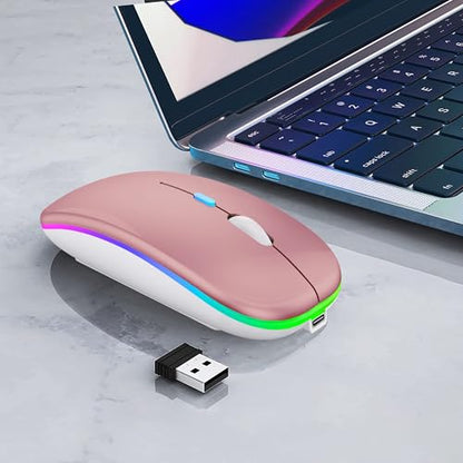 WREANU Wireless Bluetooth Mouse, Rechargeable Laptop Mice, Rose Gold | LED Lights Silent Slim Dual Mode(BT5.2 & 2.4G Portable USB Receiver) Computer Mouse for Laptop/iPad/Tablet/Computer/Mac - color: Rose Gold Wireless Bluetooth Mouse