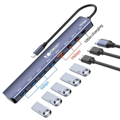 VEMONT 7-in-1 USB C Hub, 10Gbps Aluminum Hub with 2 USB-C 3.2, USB-A 3.2, 4 USB 3.0 Ports, 100W PD Charging, Compatible with MacBook,for iPad, Laptop/Phones and More Device - style: 7 in1 10Gbps