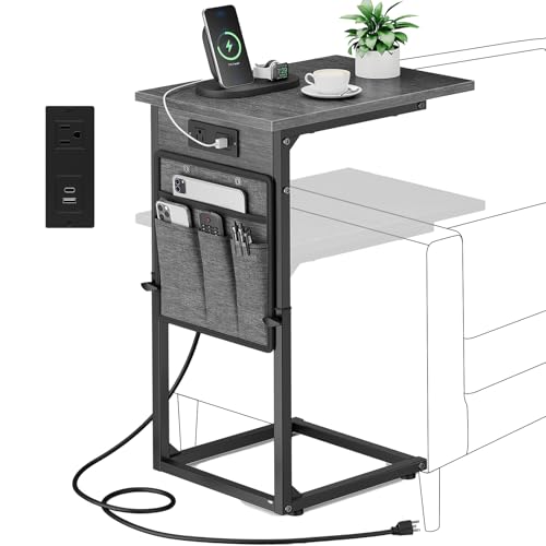 Vagusicc C Shaped End Table with Charging Station, C Table End Table Adjustable Height, Small Side Table for Couch, Sofa Table Slide Under Couch TV Tray Arm Table for Living Room, Bedroom, Gray Walnut - color: Gray Walnut, style: With Plug