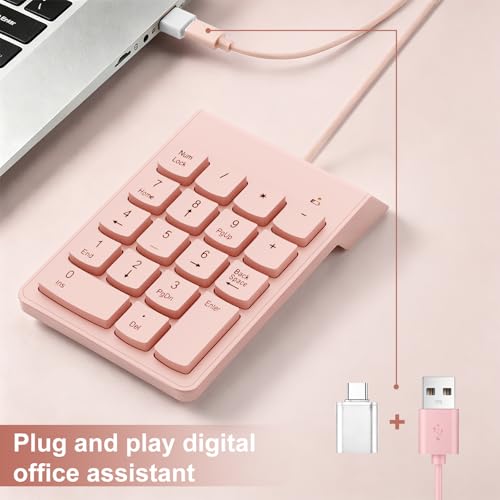 NOOX Wired Number Pad with USB to USB-C Adapter, Numeric Keypad Numpad 18 Keys Portable Financial Number Keyboard, 10 Key USB Keypad for Laptop, Desktop, Surface Pro, Notebook, MacBook - Pink