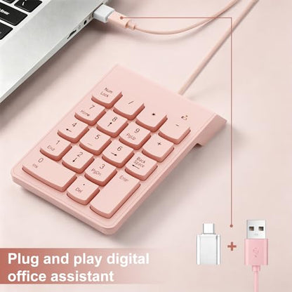 NOOX Wired Number Pad with USB to USB-C Adapter, Numeric Keypad Numpad 18 Keys Portable Financial Number Keyboard, 10 Key USB Keypad for Laptop, Desktop, Surface Pro, Notebook, MacBook - Pink
