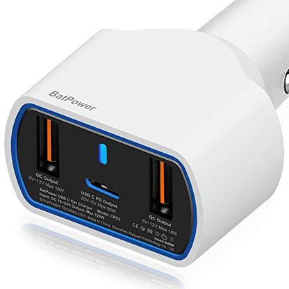 BatPower CPD2 High Power Delivery 120W USB-C Laptop Car Charger Compatible with New MacBook Pro Air USB C Laptop HP Dell Razer Surface Vehicle Charger DC 12v-24v auto Power Supply with Dual USB QC - color: White