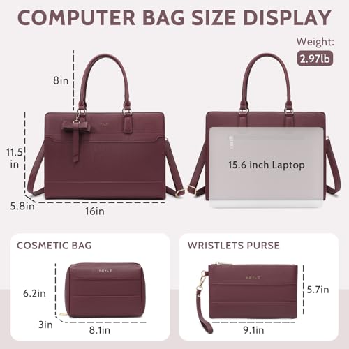 Keyli 3pcs Laptop Bag for Women 15.6 Inch Leather Work Tote Bags Professional Business Office Computer Shoulder Briefcase - color: 3pcs-wine Red