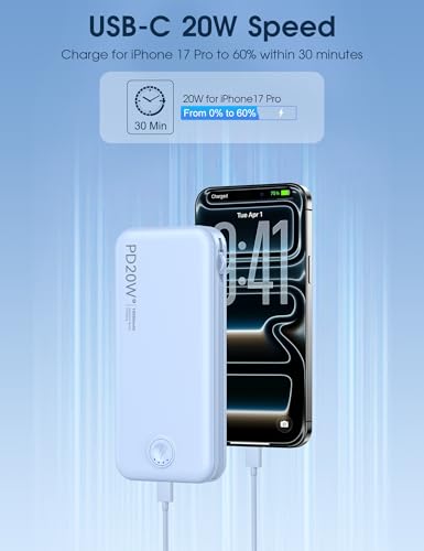 Nusyddy Portable Charger 10000mAh Fast Charging w/Built-in Wall Plug Blue | PD20W Fast Charging, LED Indicator, Pass Through Charging, TSA Approved, Compact/Slim, Power Bank for iPhone/iPad/Samsung - color: Cerulean