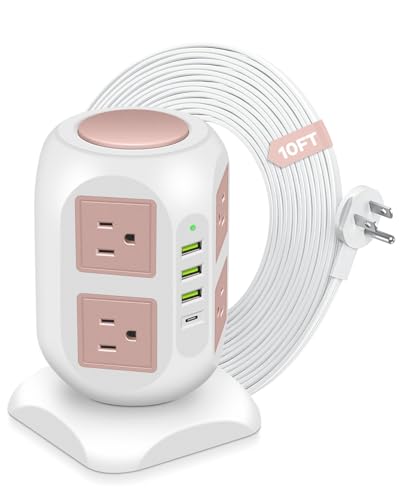 Rose Gold Power Strip Flat Plug, 8 Outlets 4 USB Ports | Charging Station, 10FT Tower Surge Protector Extender, Cute Desk Accessories for Women Girls, Home Office Room Decor - color: Rose Gold
