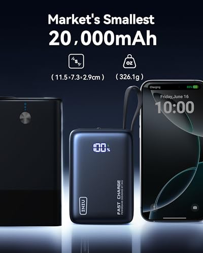 INIU Portable Charger, 20000mAh 20W Power Bank with Built-in USB-C Cable, Portable Phone Charger for iPhone 15/14/13/12/11, Samsung S22/S21, Google, AirPods, iPad, etc.