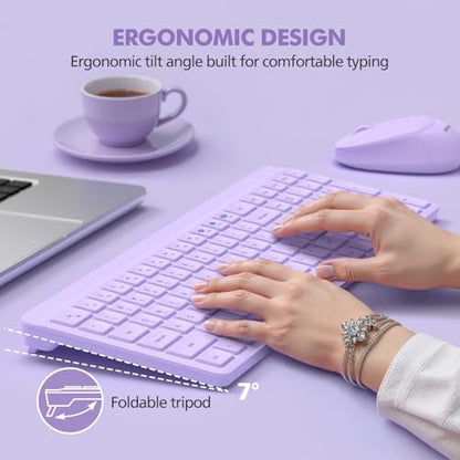 Purple Wireless Keyboard and Mouse Combo for Desktop Mac iPad Bluetooth 2.4 Ghz Rechargeable Slim Silent Click with Number Pad Compatible with Pc, Laptop, Tablet (Purple) - color: Purple