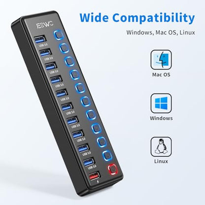 Powered USB Hub, JESWO 11 Port USB 3.0 Hub, 10 USB 3.0 Data Transfer Ports + 1 Smart Charging Port, USB Hub Powered with Individual LED On/Off Switches and 12V/3A Power Adapter - style: 10+1 USB 3.0 Hub